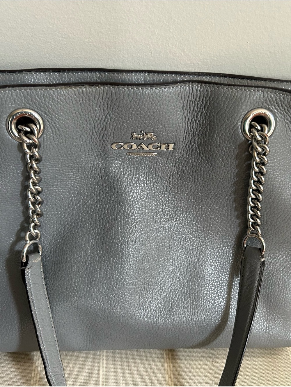 COACH Pebbled Leather Shoulder Tote in Gray with Silver Chain Straps